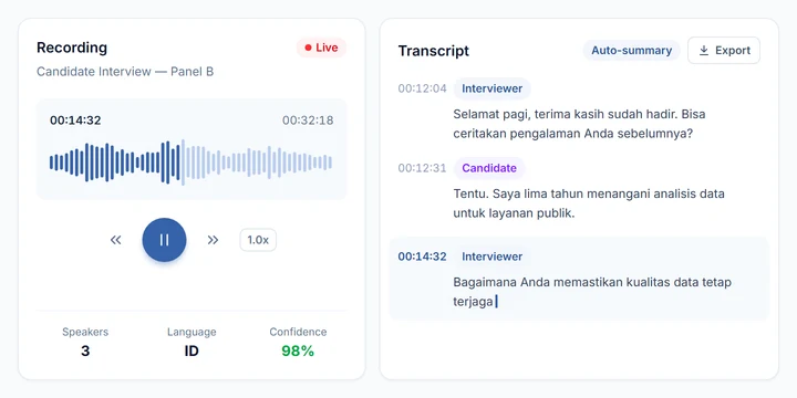 Assyst transcription screen with live audio waveform and timestamped transcript